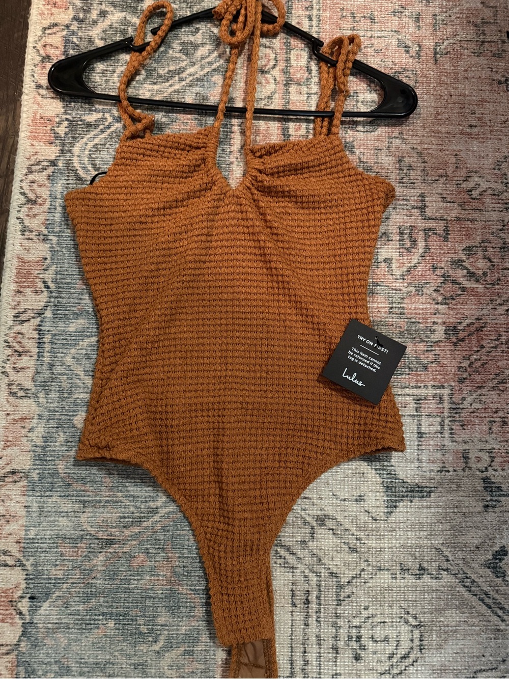 Lulu's Rust Textured Waffle Knit One-Piece Bodysuit